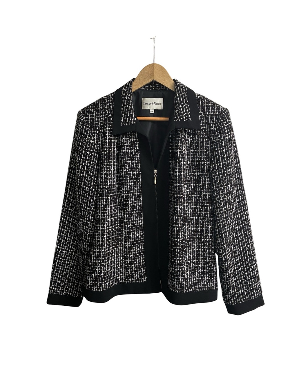 Danny & Nicole Size 14 Black White Tweed Blazer Jacket Zipper Front